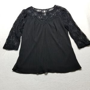 Unbranded Women's L Top Shirt Blouse Lace Neck Black Pleated Whimsigoth Witchy